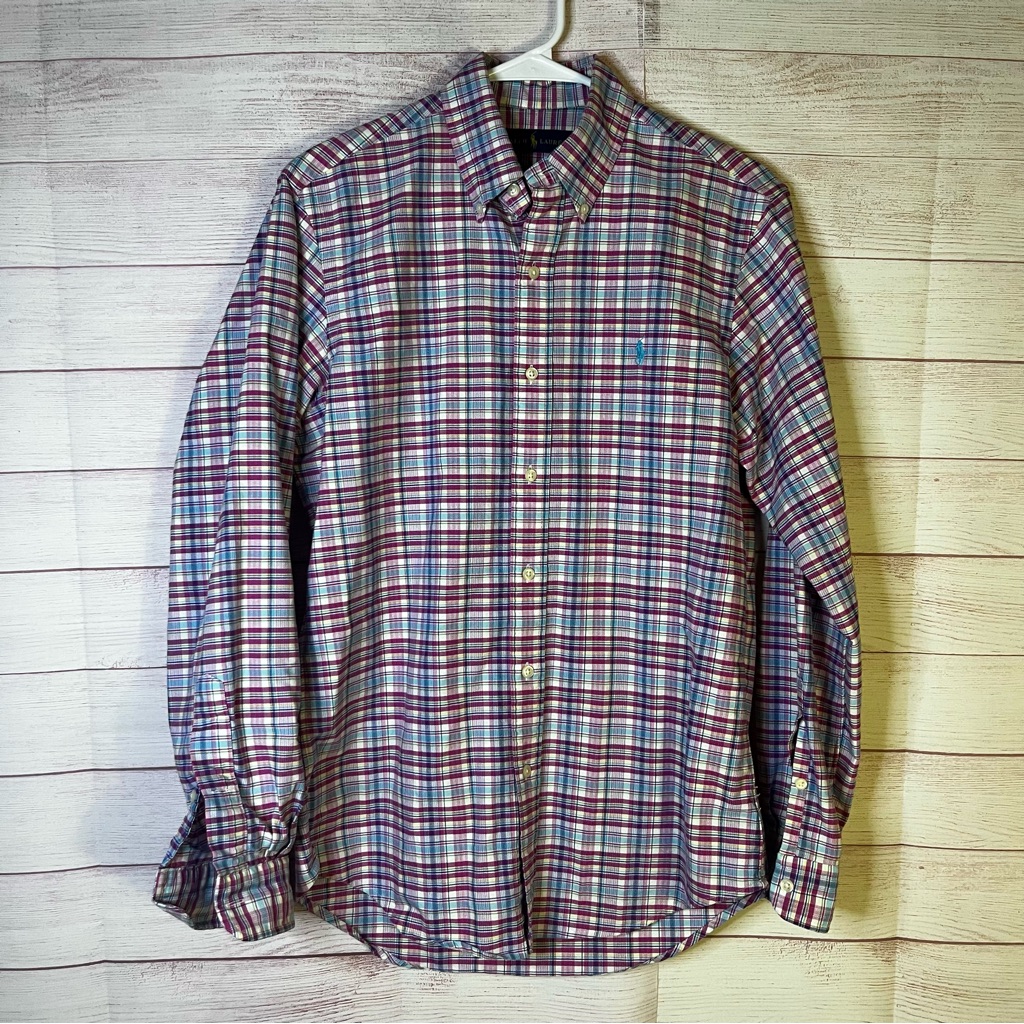Ralph Lauren Pink Blue White Plaid 100% Cotton Button Down Shirt Size Small